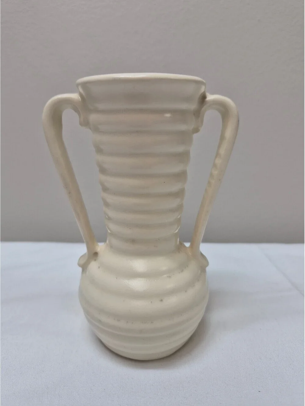 Vintage White Ceramic Ribbed Vase with Dual Handles and USA Marking, J8